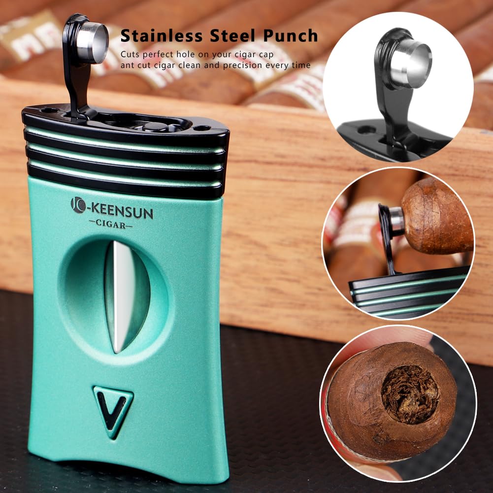KEENSUN 3-in-1 Zinc Alloy V-Cut Cigar Cutter (Green) with Cigar Holder on The Back and Cigar Punch at The Bottom - Image 3