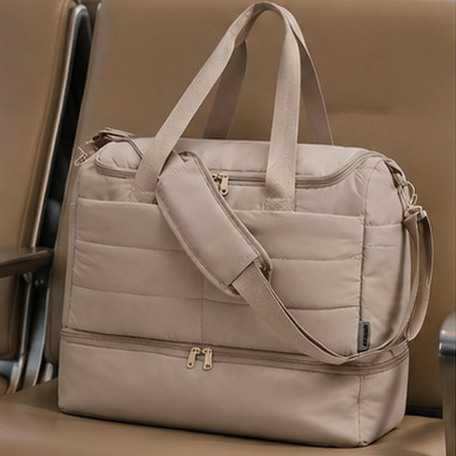Borsa da Viaggio Donna Borsa Tote Multifunzione Borsa Sportiva con Scomparto Scarpe Sacca Leggera Impermeabile Adatta a Escursioni Lavoro Attività, Cachi