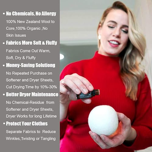 Miniatura 6 de Juego de 6 bolas de secado de lana auténtica de Nueva Zelanda de 3 pulgadas, alternativa de suavizante de tela 100% orgánica, segura para bebés y