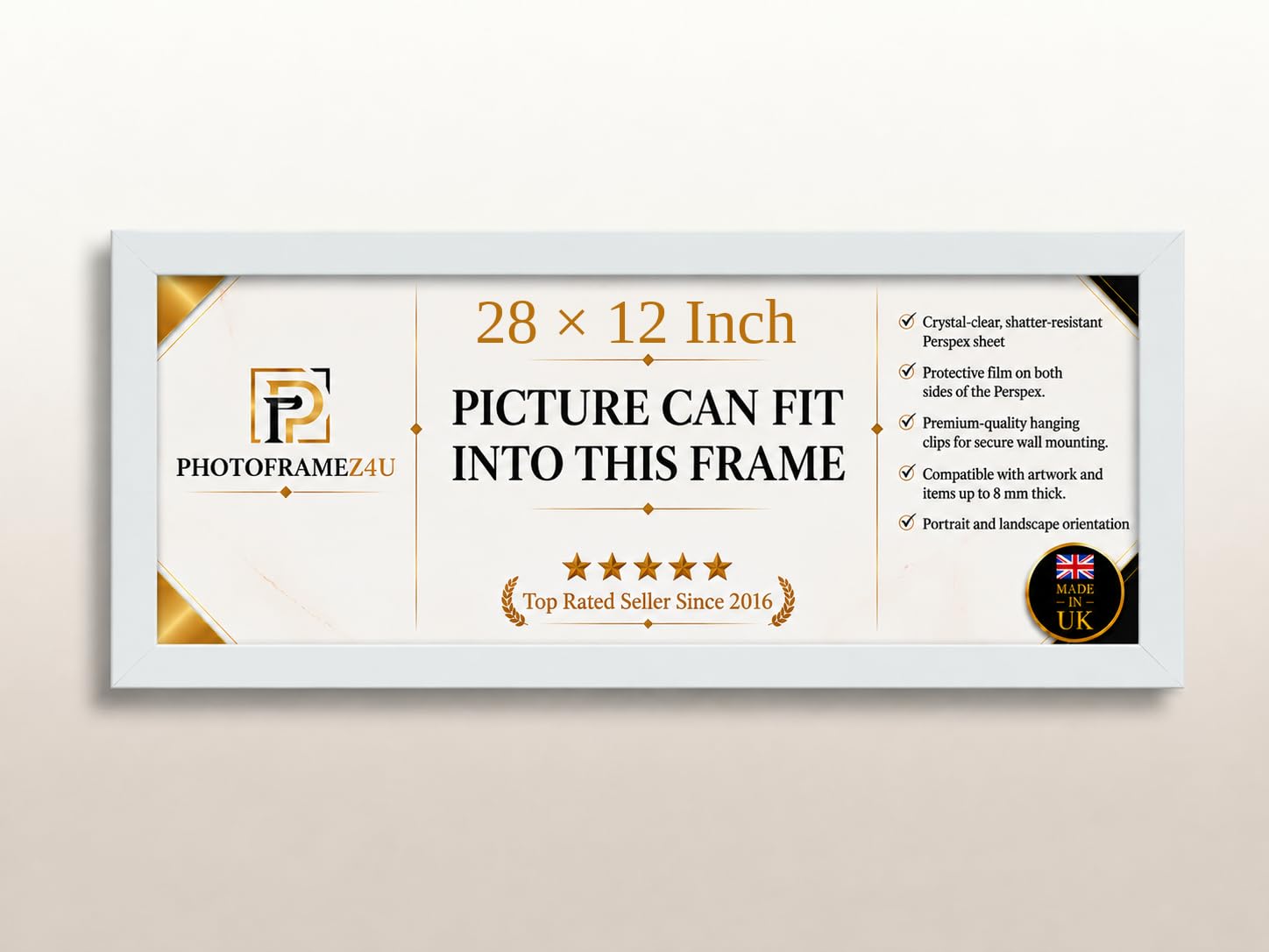 28x12 Inch Thin Panoramic Picture Frame | White Panoramic Photo Frame & Poster Frame for Pictures, Photos, Documents, Jigsaw Puzzles, Artwork | Landscape or portrait Wall Mount Display