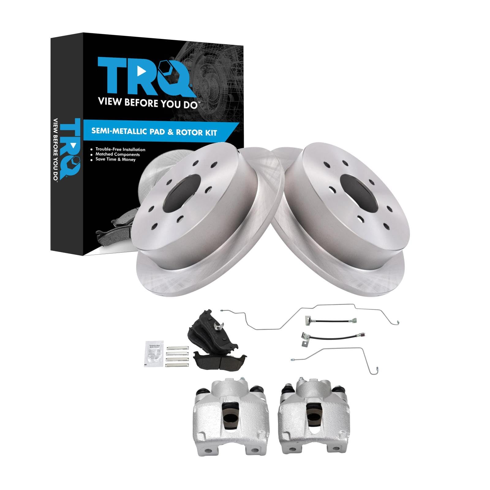 TRQ Rear Brake Pad and Rotor Set Semi Metallic Rotors Calipers Compatible with 2000-2003 Ford F-150 2004 F-150 Heritage