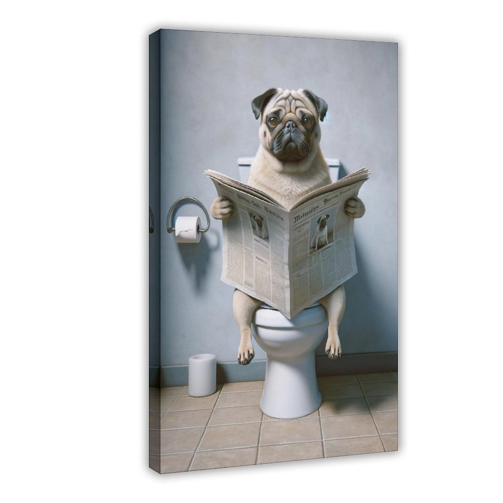 BNCEDJK Photograph of A Pug Dog Reading The Newspaper on The Toilet, Canvas Poster Bedroom Decor Landscape Decor Gift 08x12inch(20x30cm)