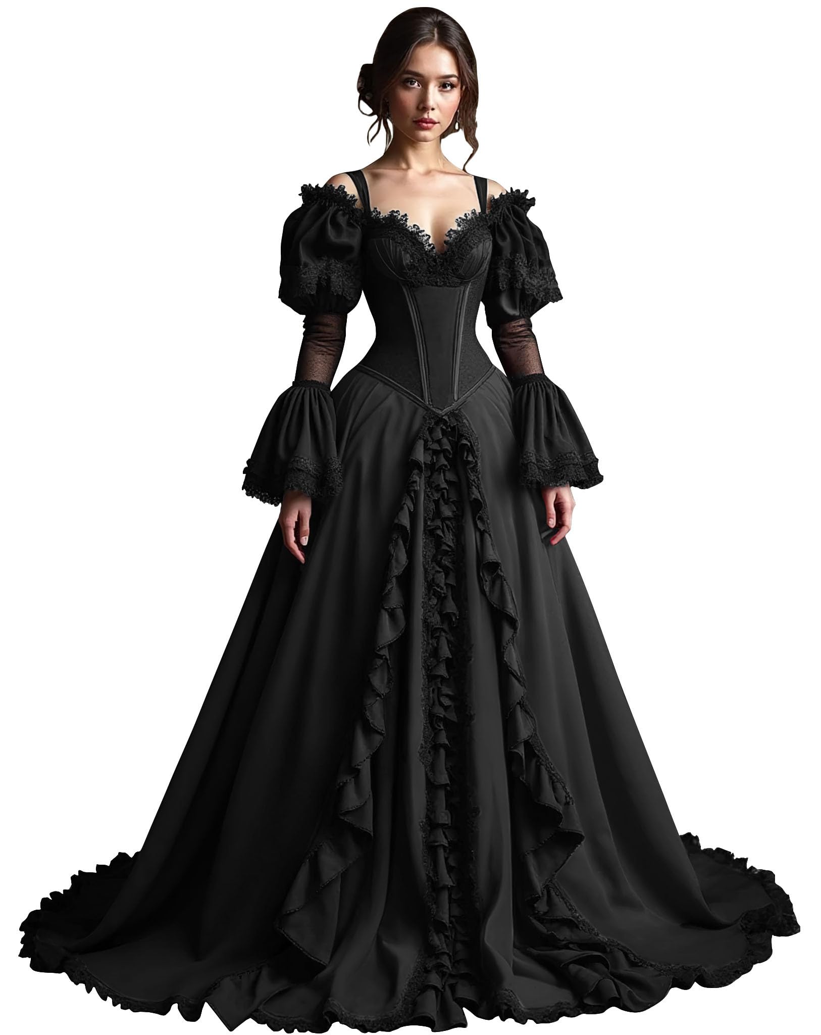 Youjiayi Victorian Wedding Dresses Ball Gown Long Sleeve Medieval Wedding Gowns Vintage Lace Ruffles Bridal Dress