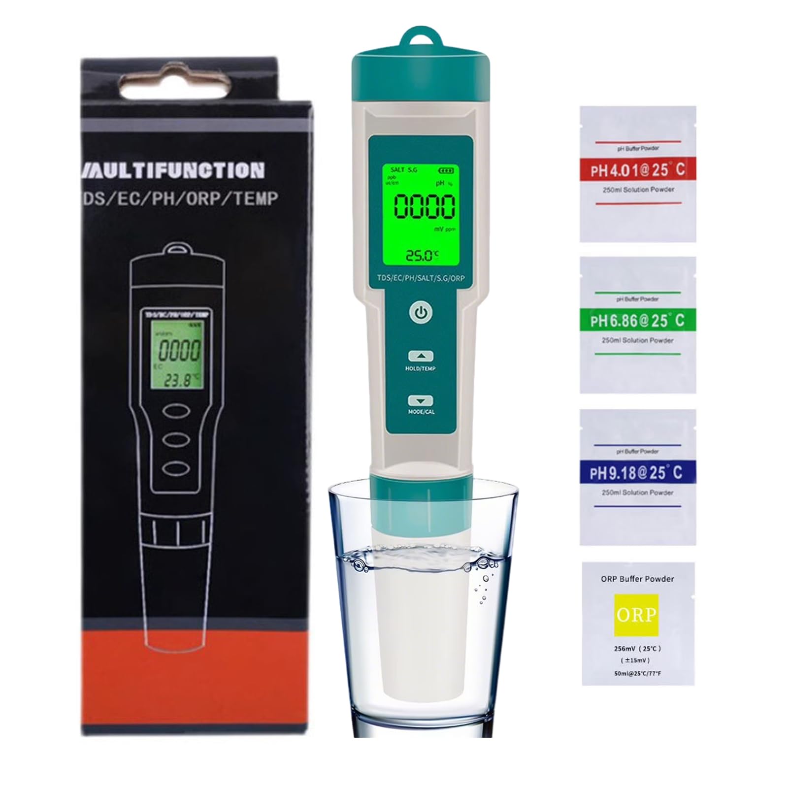 Misuratore di Salinità Ph Piscina Digitale 7 in 1 con Retroilluminazione | pH TDS EC Salt ORP S.G Temperatura Meter, Alta Precisione, per Acquario, Idrocoltura, Acqua Potabile