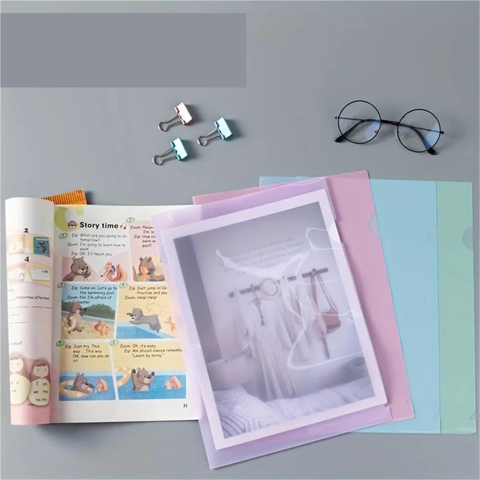Przezroczysty folder z tworzywa sztucznego, 24 szt. Teczki projektowe A4 w kształcie litery L, wielokolorowy materiał PP(Purple)