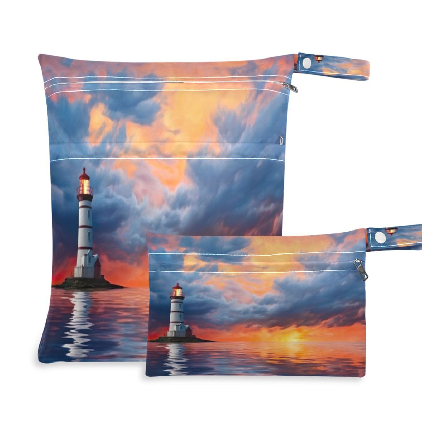 ATTX Dark Sky Lighthouse Wet Dry Bags 2-Pack - Reusable Cloth Diaper Storage for Travel, Beach & Gym | Multi-Use Waterproof Bags for Swimsuits, Baby Clothes, Sports Gear#208