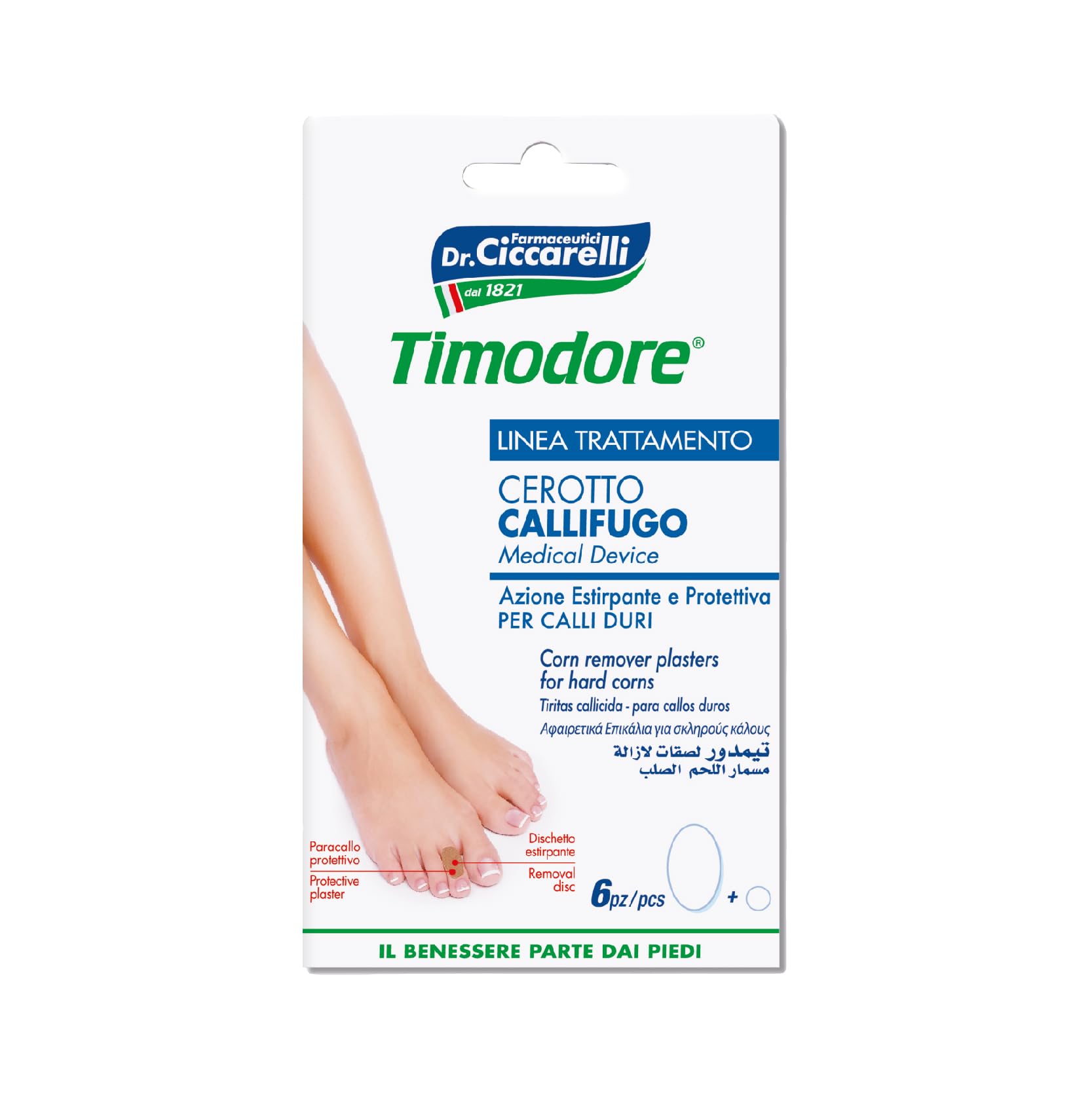 Timodore, Apósitos para Callos Duros, Indicados para Eliminar los Callos Duros de los Pies Sin Dolor, También Aptos para las Manos, 100% Made in Italy, Dermatológicamente Testado, 6 unidades