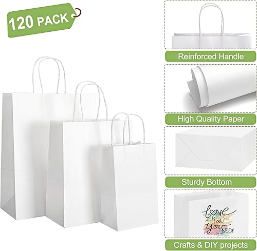 Miniatura 3 de TOMNK 120 bolsas de papel blanco con asas, bolsas de regalo de papel kraft a granel de tamaño mixto para negocios, compras, venta al por menor,