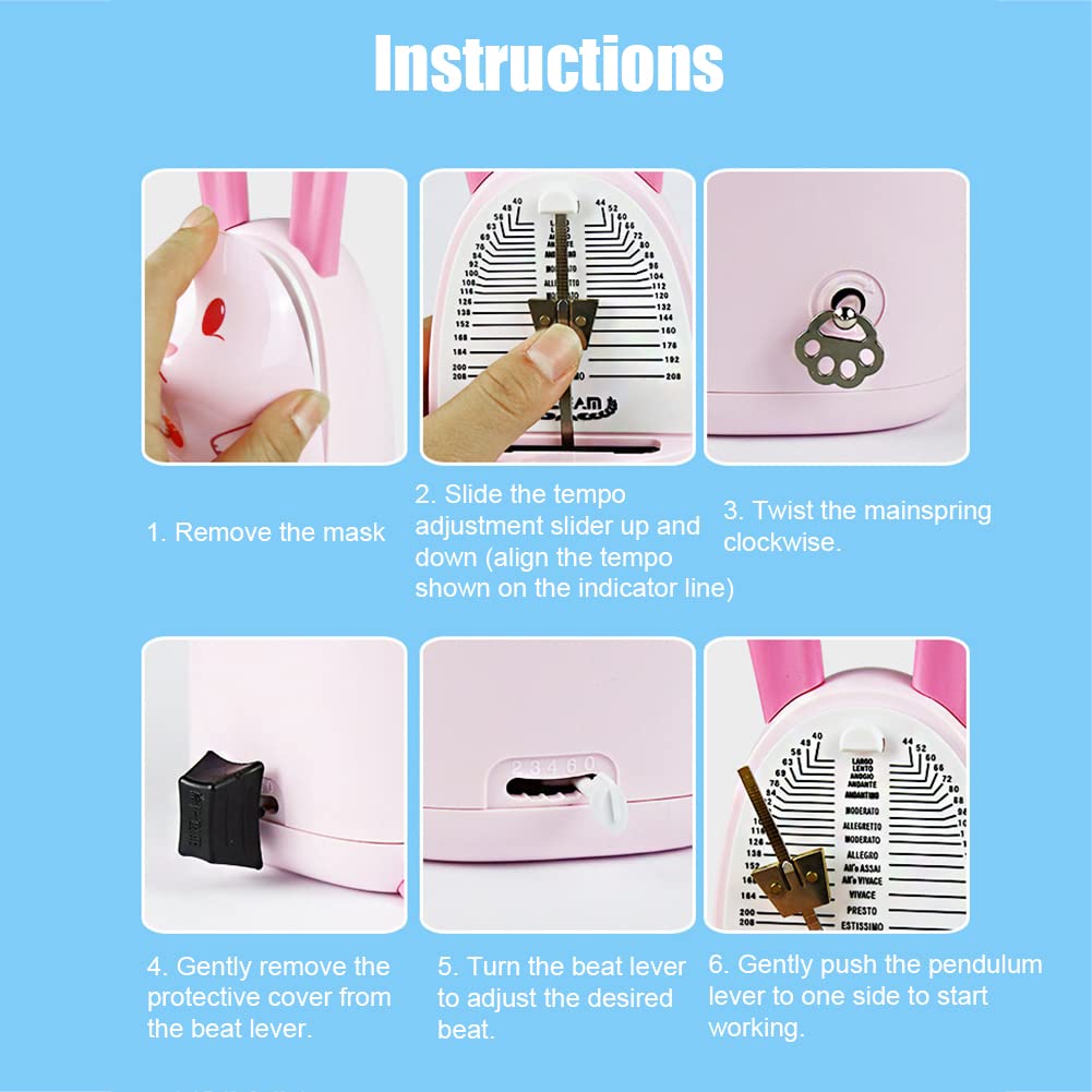 Métronome mécanique, métronome de haute précision de dessin animé, adapté à divers instruments de musique, clic audible et sonnerie, cadeaux pour enfants (Lapin)
