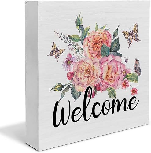 Letrero de madera con texto en inglés "Welcome Butterflies", caja de madera de granja, bloques de arte de primavera, estante de escritorio, mesa,