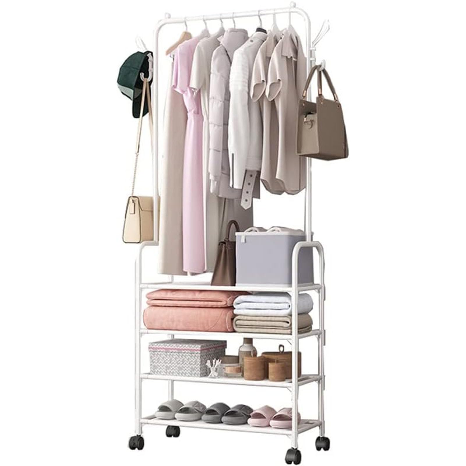 FGXHHS N/A Rolling Clothes Rack with Bottom Shelves, Freestanding Garment Hanger for Bedroom, Living Room & Hallway - Versatile Storage Shelves Coat on Wheels