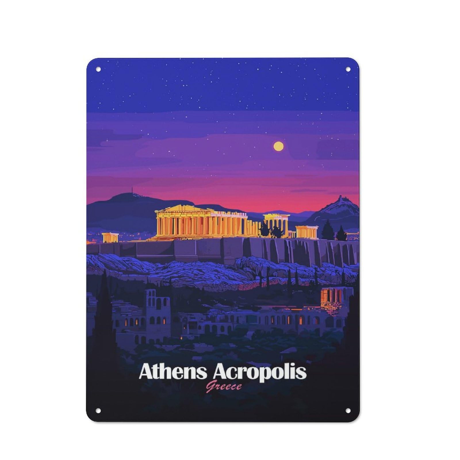Junmoney Style-11 Athens Acropolis Night Retro Metal Wall Decor 40X30cm, Retro Metal Sign For Garage, Hobby Room, Office Or Man Cave