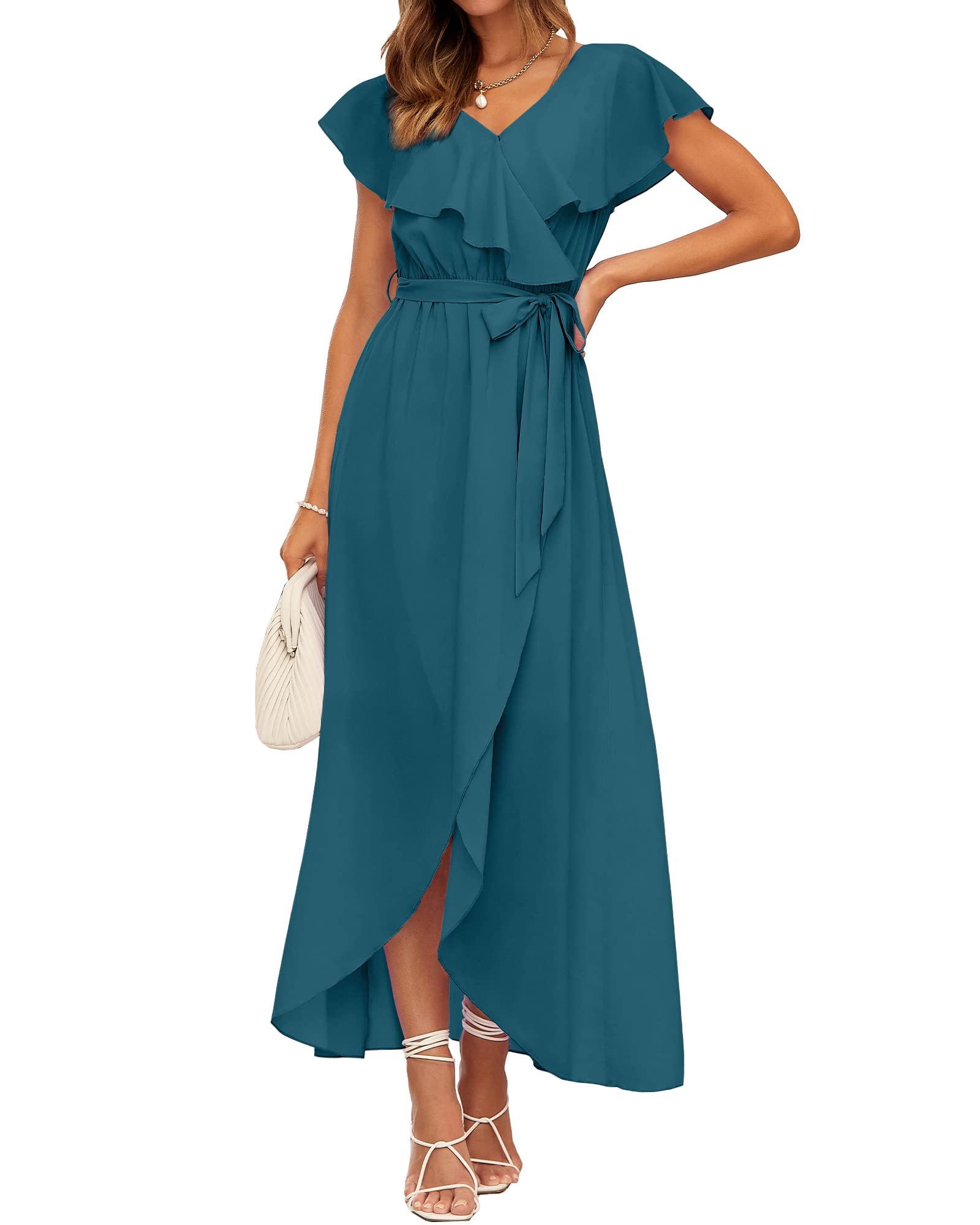 BTFBMWomen's Summer Chiffon Maxi Dresses Deep V Neck Ruffle Short Sleeve  Beach Party Cocktail Flowy Wrap Dress with Belt