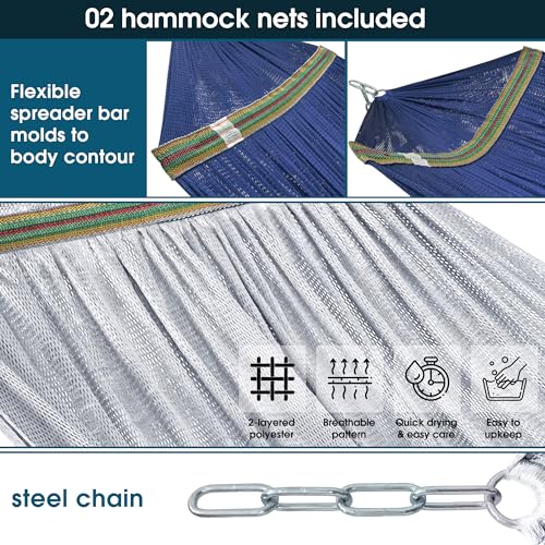 Image of Tranquillo Combo x2 Hammocks with Stand for Outside & Tree Straps, Heavy Duty Hammock with Stand 600lbs for Indoor Outdoor Patio Backyard, x2 Hammocks for 2 Person, Portable Carrying Bags, Aegean