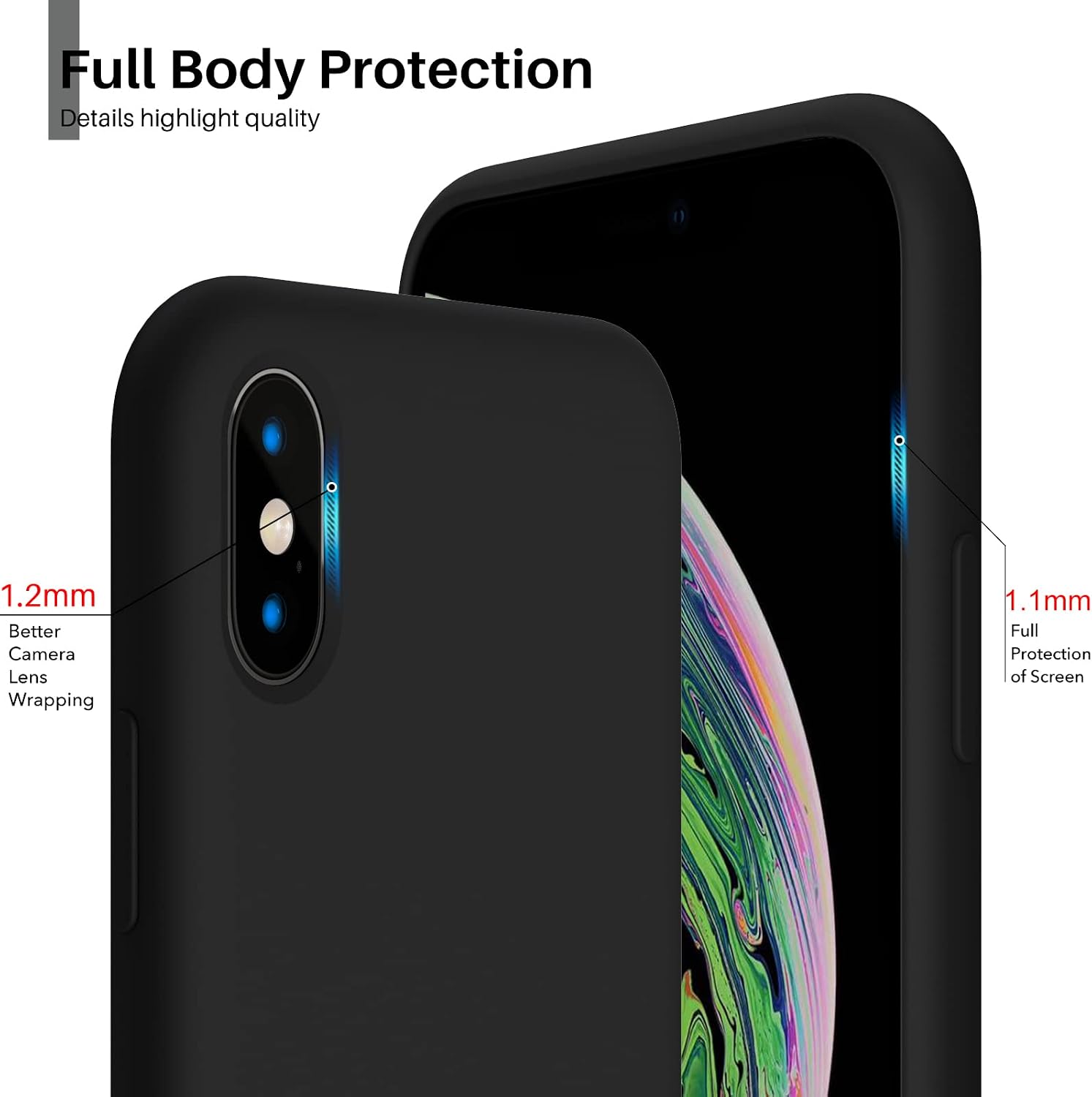ORNARTO Designed for iPhone X Case & iPhone Xs Case, Liquid Silicone Soft Gel Rubber Phone Case Cover with Open Bottom for iPhone X/XS(2018) 5.8 inch-Black