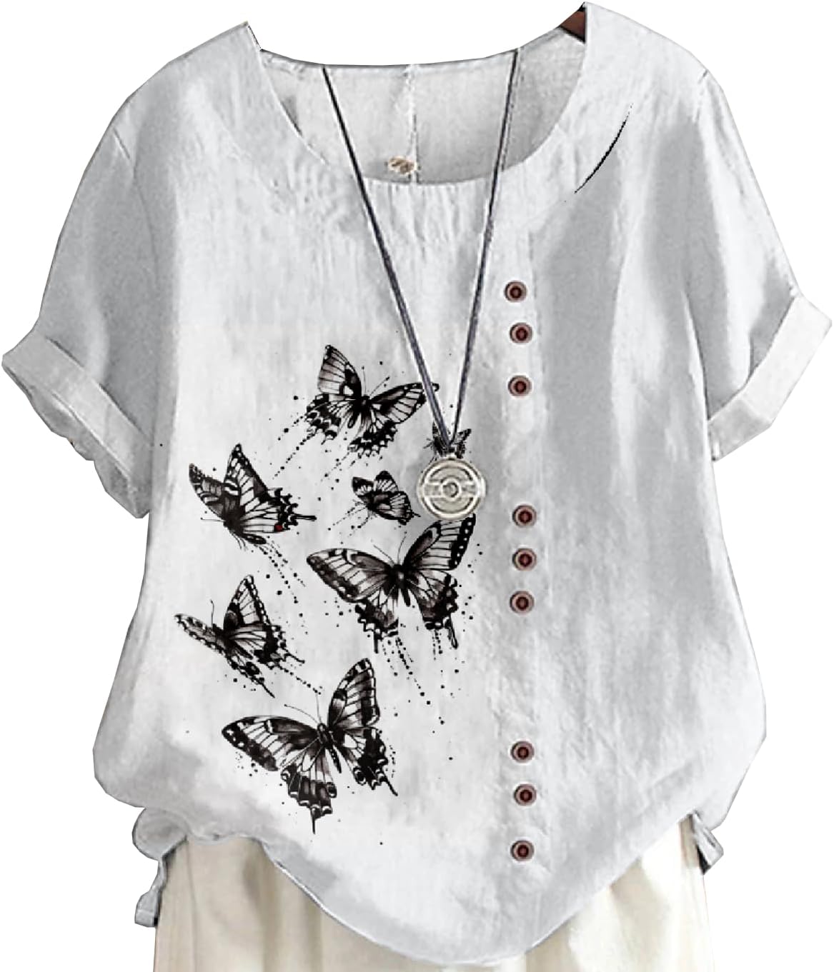 Women’s Vintage Linen Tops Short Sleeve Boho Summer Graphic Tees Tunic Shirts Casual Loose Button Blouses