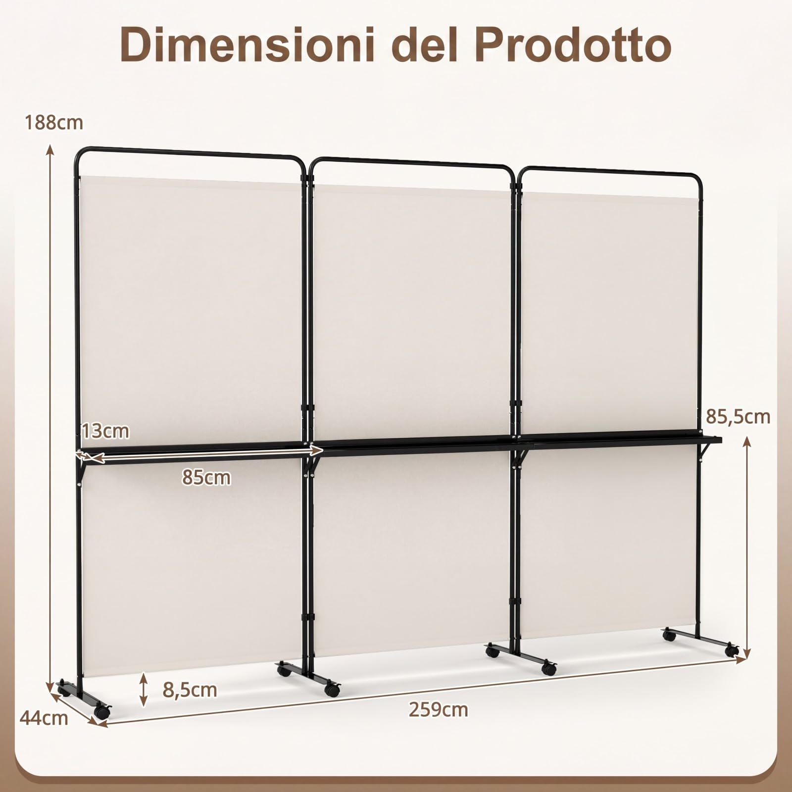 COSTWAY Paravento Interno 3 Ante con 8 Ruote Bloccabili e Ripiani (Bianco) | Separe Divisorio Pieghevole con Scaffale Portaoggetti, Tessuto Resistente e Opaco per Salotto, Camera da Letto e Ufficio