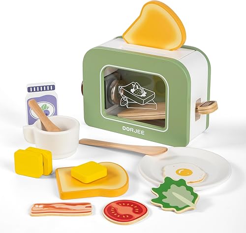 Dorjee Juego de tostadora de madera emergente de 15 piezas, juego de cocina - Tostadora de juguete de madera para niños, regalo para niñas y niños