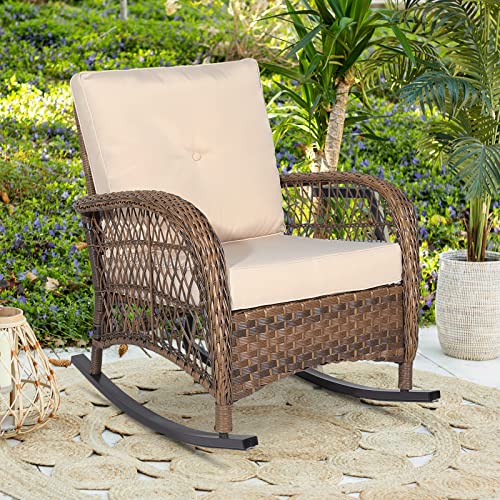 W Warmhol Outdoor Wicker Rocking Chair With Thickened Cushions, All-Weather Rattan Patio Rocking Chairs, Rocker Wicker Chair For Porch Garden & Backyard, Beige #TOP4