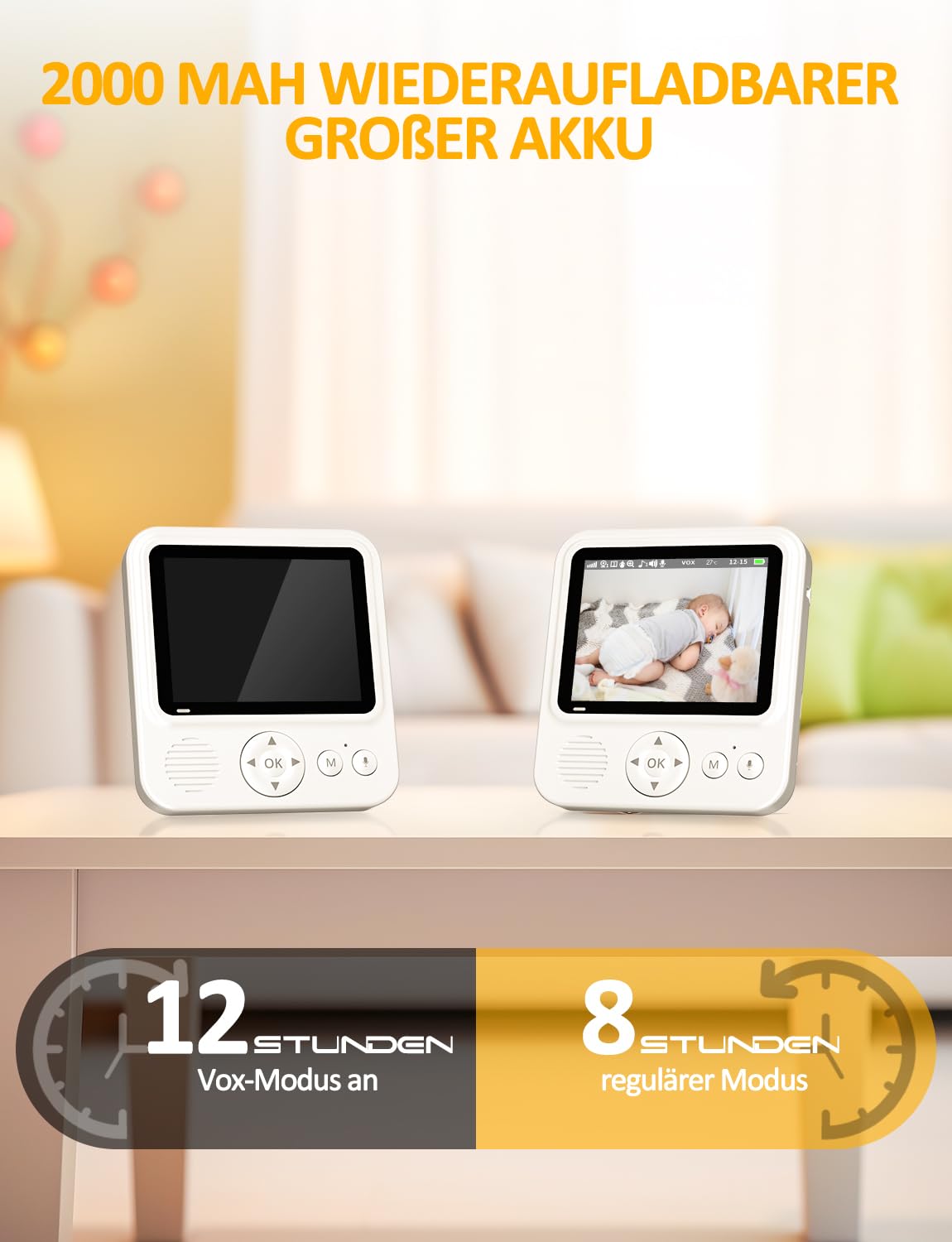 OBVHNUA Vigilabebés con Cámara 720p IPS, Monitor para Bebés 2,8" con Batería de 2000mAh, Zoom Digital, Modo VOX, Audio Bidireccional, Visión Nocturna, Control de Temperatura, Canciones de Cuna, Alarma