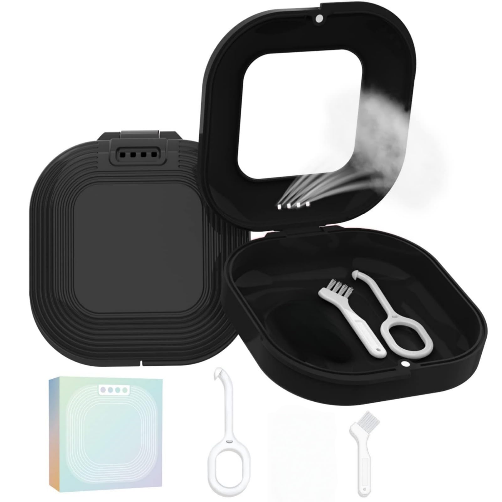 retainer case, slim aligner case with vent holes, compatible with invisalign, mouth guard box with retainer removal tool, black