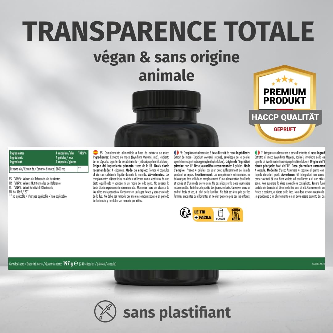 Green Naturals Maca Noir-Rouge-Jaune 40:1 – 2 800 mg extrait – 240 gélules | Équivaut à 112 000 mg de maca · Vegan · Cure de 2 mois · Testé en laboratoire