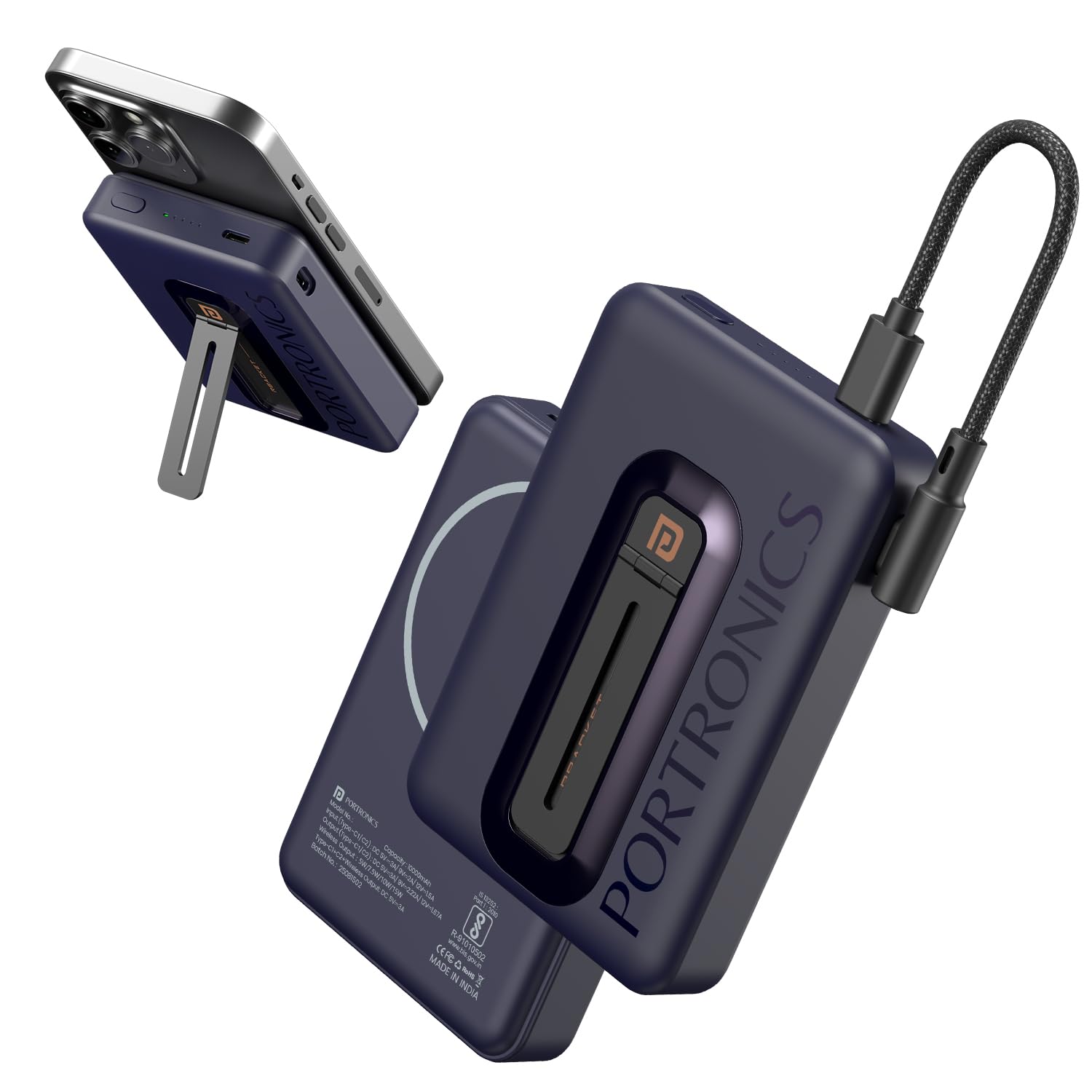 Portronics Revvo 15W Magsafe Wireless Powerbank 10000mAh Fast Charging Powerbank,Detachable Type C Cable,Mobile Stand,Type C Input/Output PD Port,iPhone 12 & Above,Android & Qi Enabled Devices(Blue)-image-19