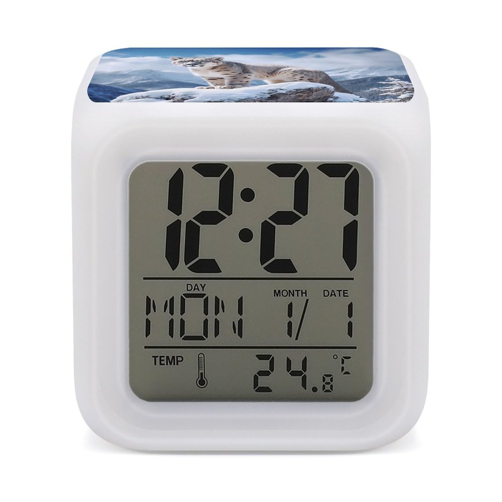 Reloj despertador digital leopardo de nieve con luz LED de 7 colores y pantalla de temperatura