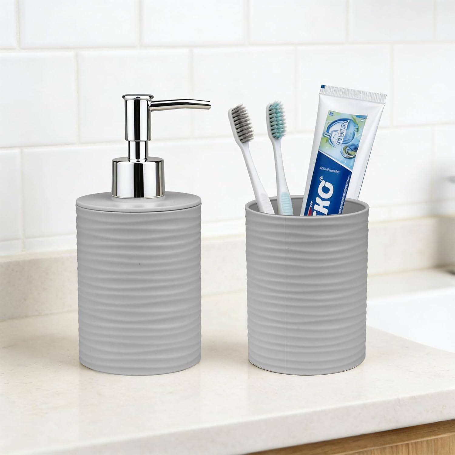Bathroom Accessories Set, 2-Piece Gray Soap Dispenser & Toothbrush Holder with Ripple Texture & Rust-Proof Pump, Modern Matte Organization