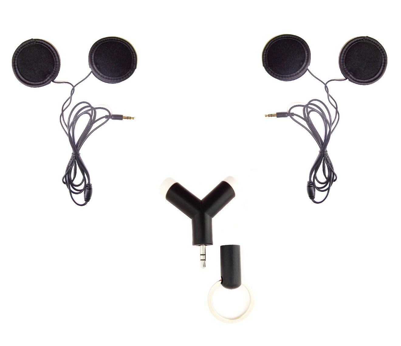 H10black_X2_Ysplitter : 2 Sports/Motorcycle Helmet Earphones and Y-Splitter. Compatible to Apple iPhones,iPad,iPod, MP3/CD/Bluetooth Receiver Devices with 3.5mm Audio Jack.
