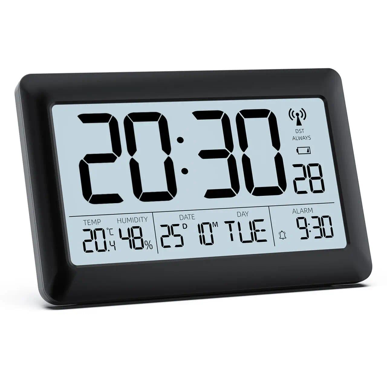 LATEC Orologio, Sveglia Digitale Radio Controllata con Ampio Schermo LCD da 7,5" - Orologio Digitale a Batteria con Temperatura/Umidità/Calendario - Sveglia/Funzione Snooze – Retroilluminazione