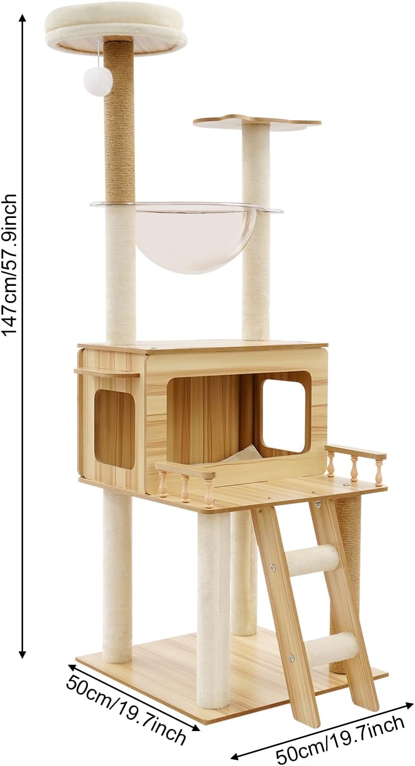 Cute Cat Tower 58 Inches, Multi-Level Cat Tree for Indoor Activity Cats, with Ladder Swing Ball Space Capsule, Cat Condo House for Cute Large Cats Kitten