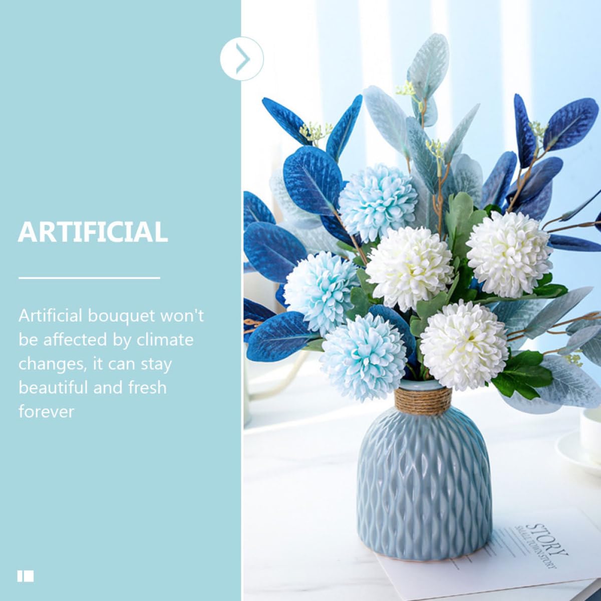 YARNOW Bouquet Simulé Hortensia Bleu avec Vase en Céramique et Fleur en Soie, sans Arrosage, Décoration pour Réunion à Domicile ou Fête à Thème