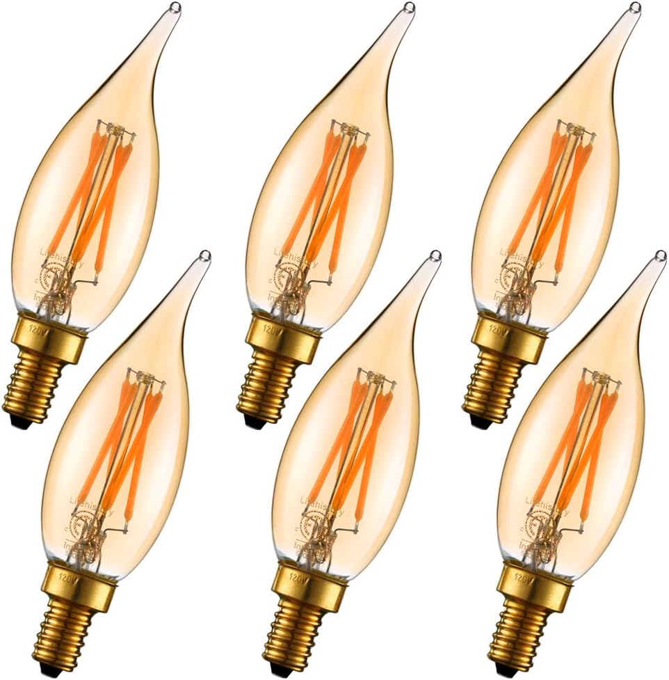 LiteHistory Dimmable 4W 2200K Amber CA10 led Bulb E12 Candelabra led 250lm, Warm White, 40W Flame tip 6Pack