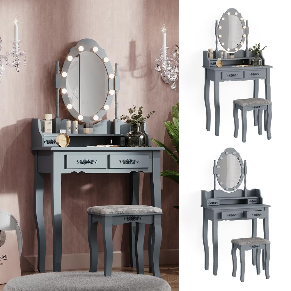 Vicco Schminktisch Maggie, Grau, 75 cm | mit LED Beleuchtung und Hocker, Vintage-Design verleiht jedem Raum Charakter und Charme