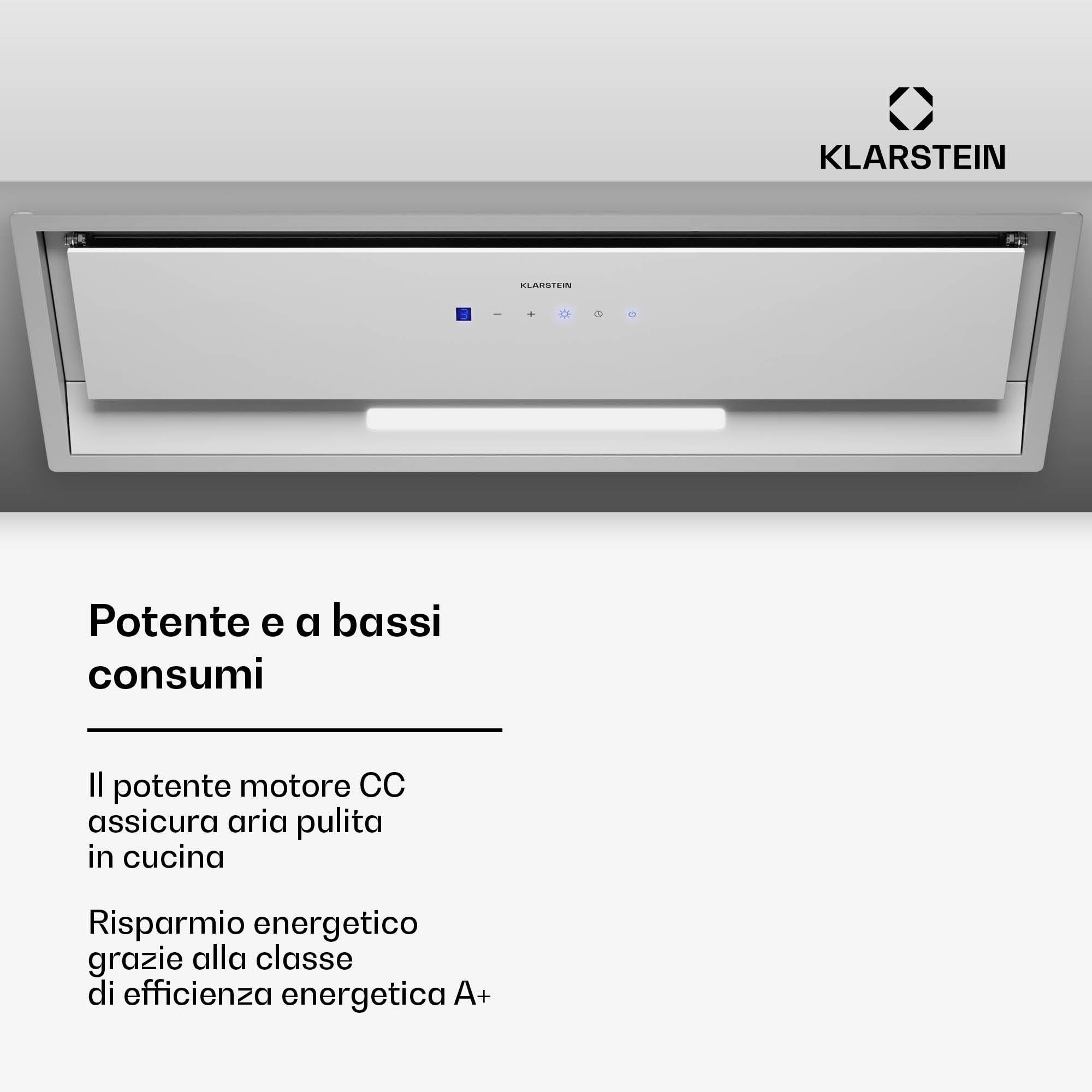 Klarstein Ventimate Cappa Incasso, 85cm Cappa Aspirante Cucina con Controllo Touch, 390 m³/h, Efficienza Energetica A+, Motore Silenzioso, LED, Filtro Carbonio per Ricircolo, Bianco