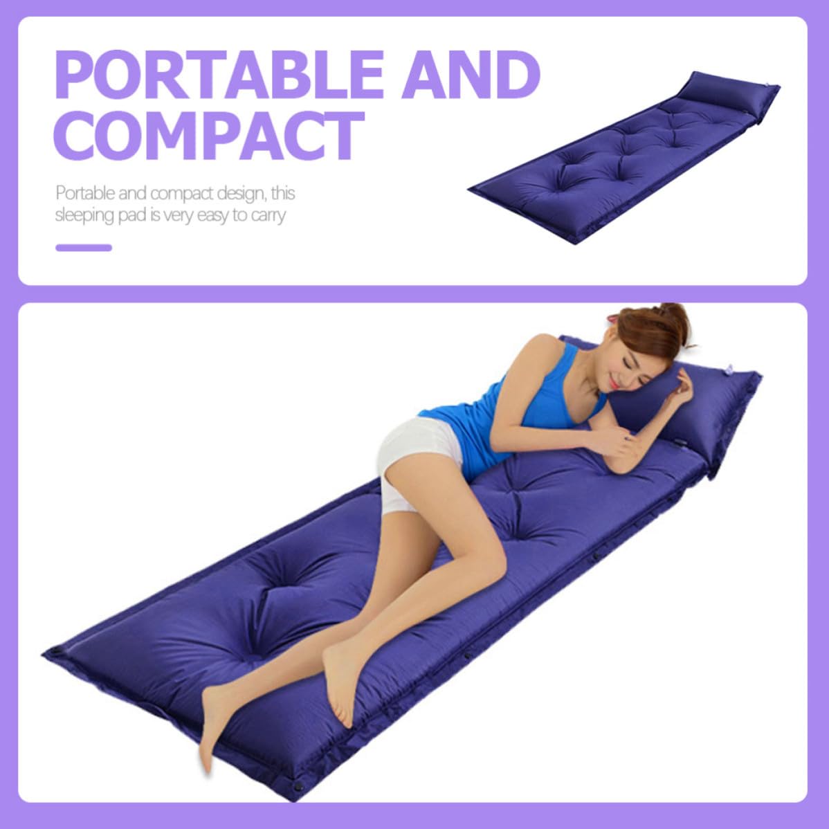Toyvian Colchón de Camping Inflable Portátil Diseño Compacto y Material de Poliéster y PVC para Picnic y Playa, Cómodo y Resistente Humedad