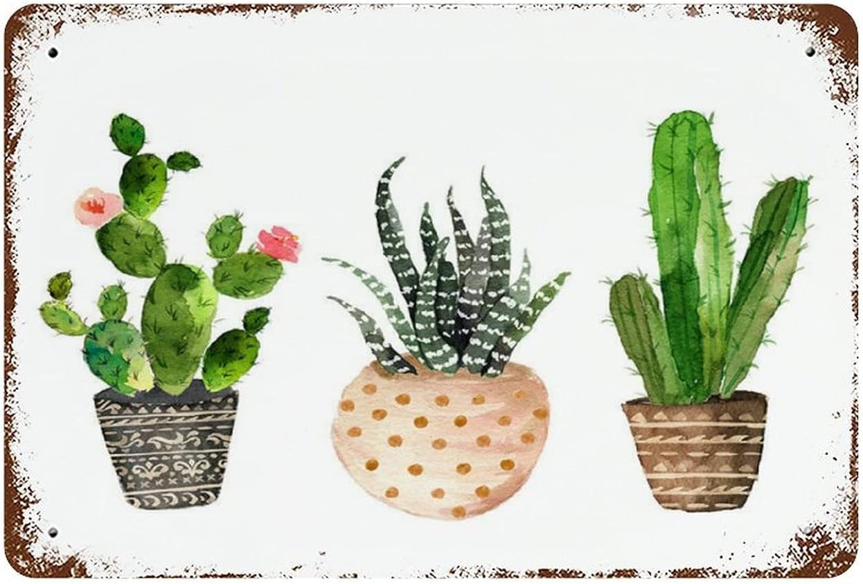 TFZQm Antique Tin Sign Cactus Art Sign Watercolor Art Cactus Tin Sign Poster Home Bar Plate Home Decor Garden Succulent Botanical Print Living Room Gift For Women Men 8x12 Inch