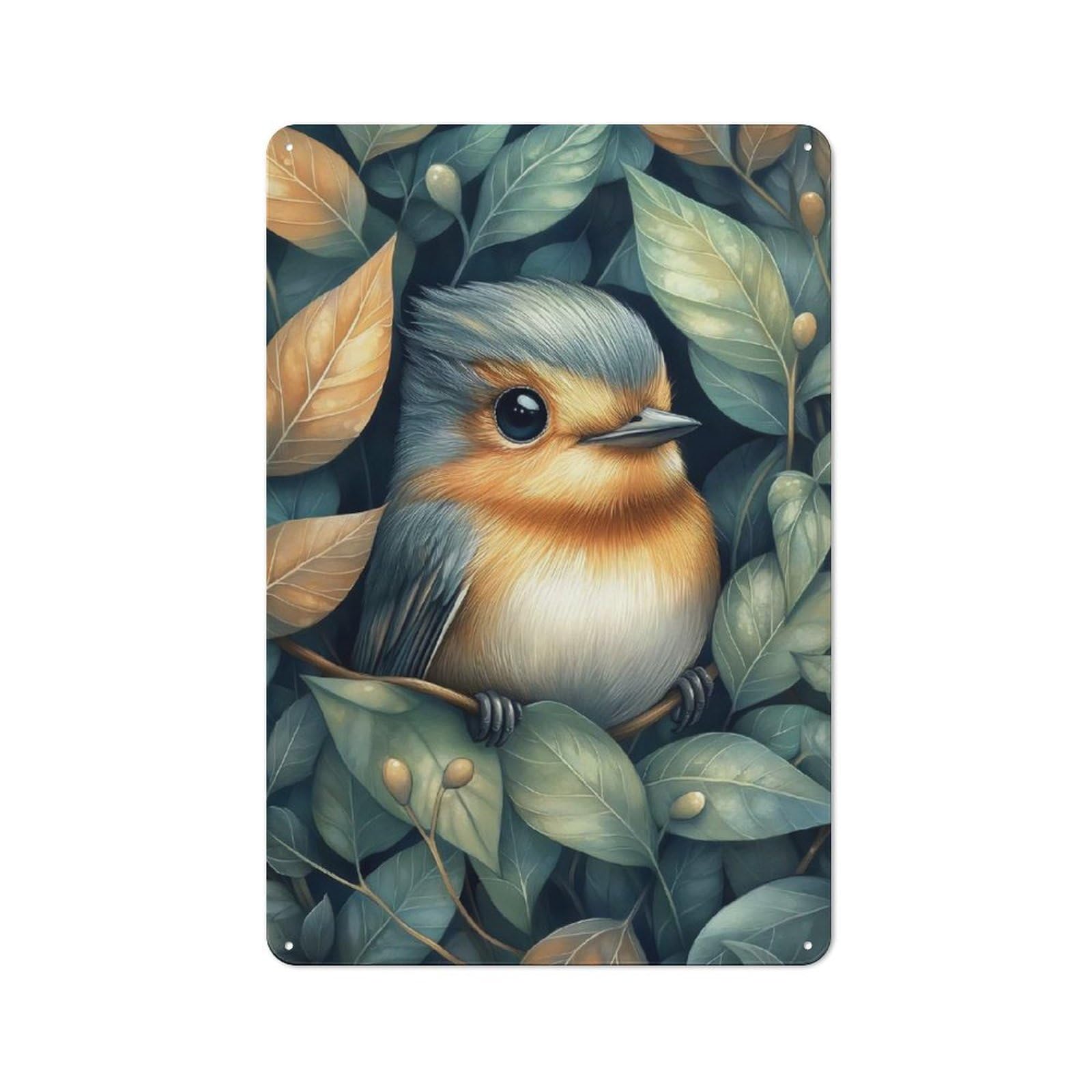 Junmoney Cute Bird In Foliage Tin Wall Sign With Design 30X20cm, Classic Diner Style Decor For Bakery, Diner, Cafe Or Family Room