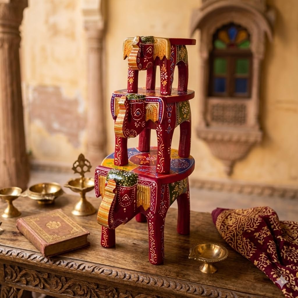Handcrafted Wooden Elephant Stool Set of 3 (4", 6", 8") | Rajasthani Hand Painted Decorative Elephant Choki | Mandir Chowki, Plant Stand, Table Decor & Home Decor Showpiece-picture-14