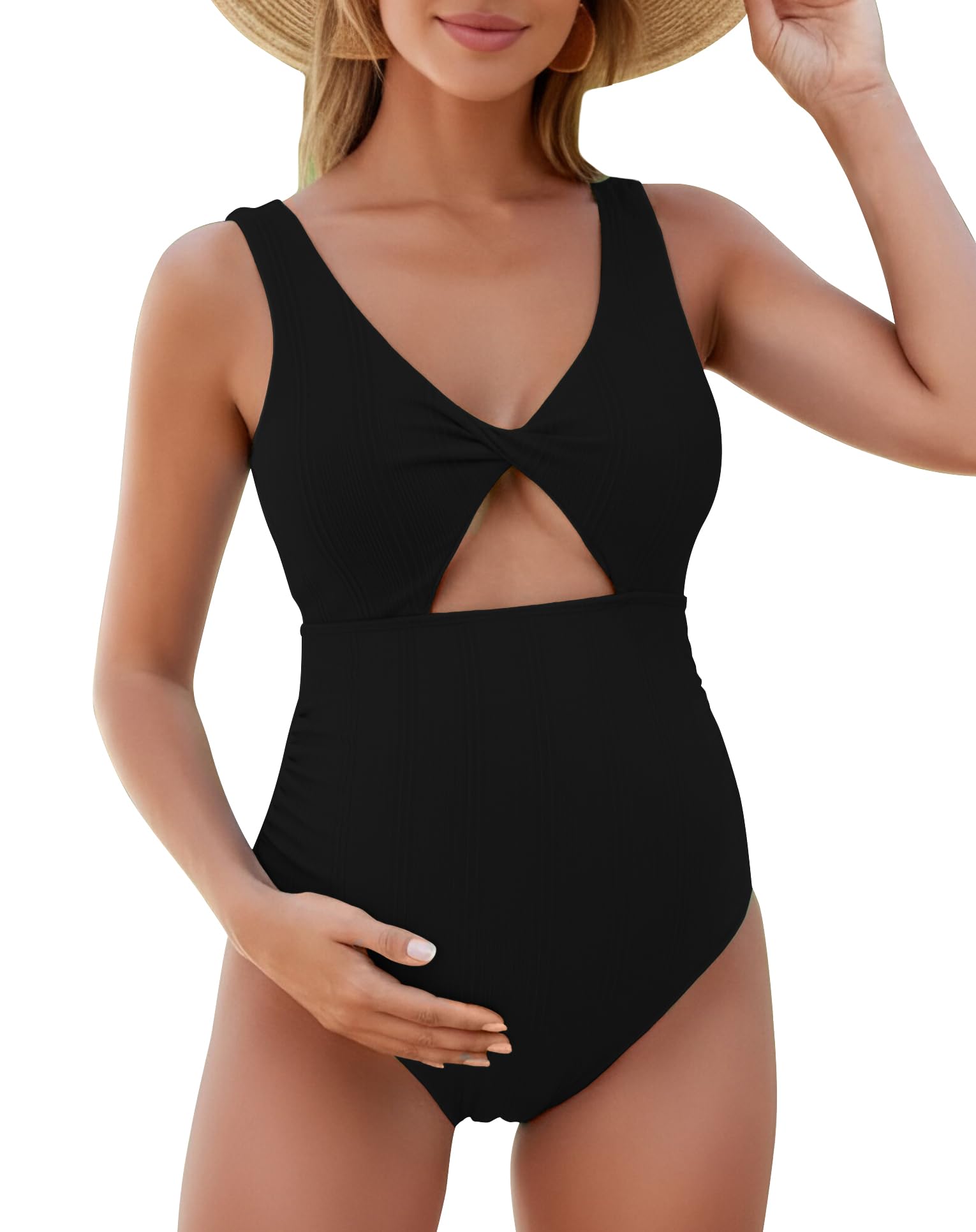 FEOYA Traje de baño de maternidad de una pieza para embarazo, traje de baño para mujer, cuello en V, nudo de corbata, cómodo bikini elástico para playa, tomar el sol, S-XL