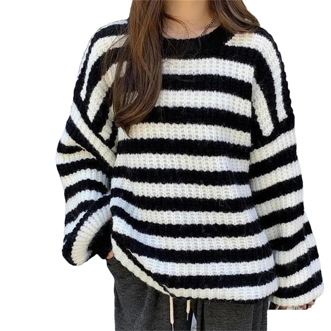 Women Vintage Striped Preppy Style Sweater Long Sleeve Crewneck Oversize Pullover Jumper