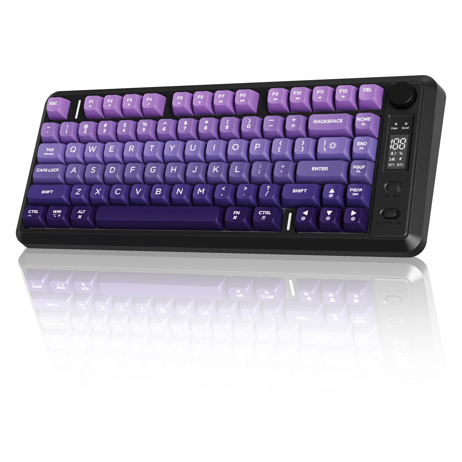 FREEWOLF M75 Wireless Gaming Keyboard Mechanical Feel Membrane with Knob & OLED Display Bluetooth/2.4Ghz Rainbow Backlit Gradient PBT Keycaps 2000mAH