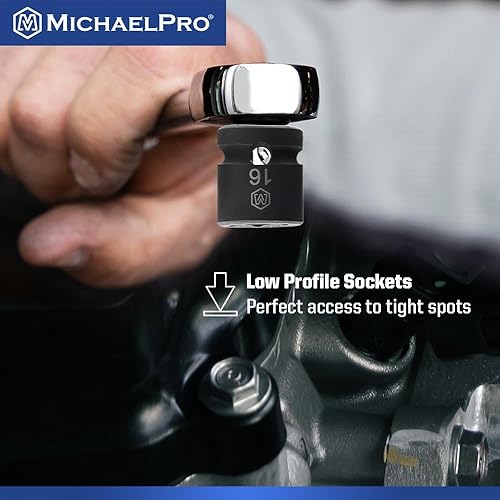 Miniatura 6 de MichaelPro Juego de llaves de impacto de perfil bajo de 12 pulgada, juego de enchufes profundos, 14 piezas de bajo perfil, CR-MO, con riel de