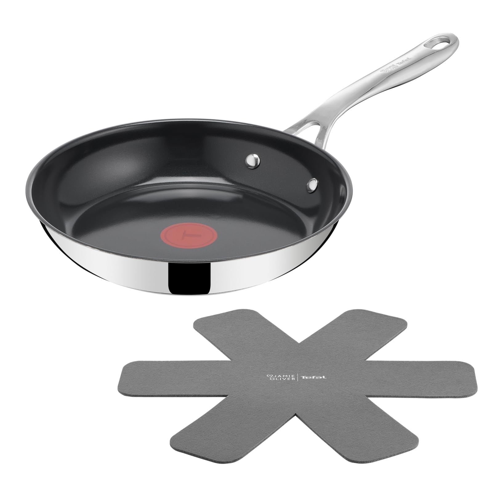 Jamie Oliver by TEFAL Direct Cook Bratpfanne 24 cm, inkl. Pfannenschoner, antihaftbeschichtete Keramikoberfläche, langlebige Versiegelung,Thermo-Signal, für alle Herdarten, Edelstahl, H880S234