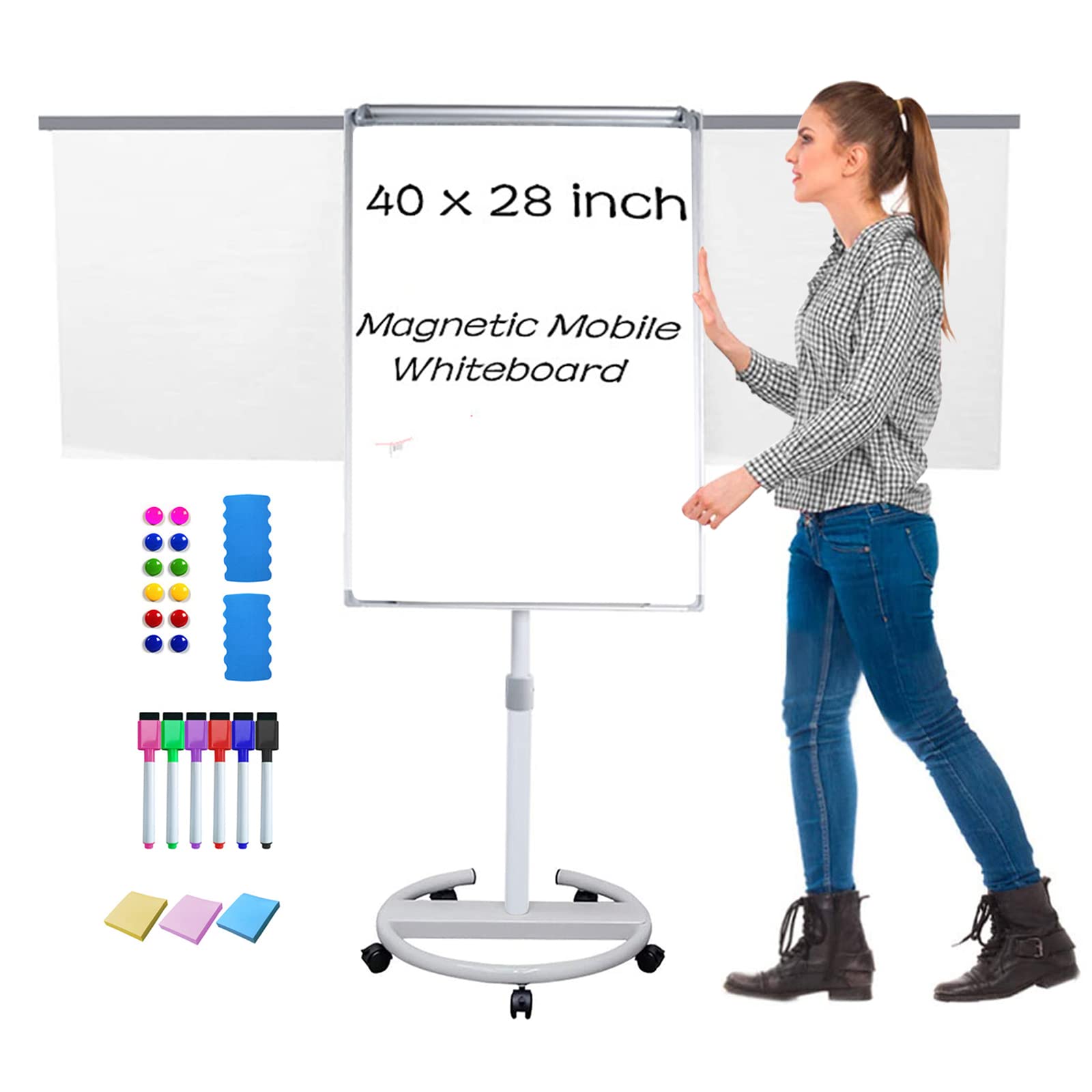 Photo 1 of Used / missing pole to the base ***KBW Mobile Magnetic Whiteboard with Wheels, Stand Dry Erase Board with Flipchart Easel, Height Adjustable White Board for Kids Students Teacher School Home Office (40x28 inches#2)