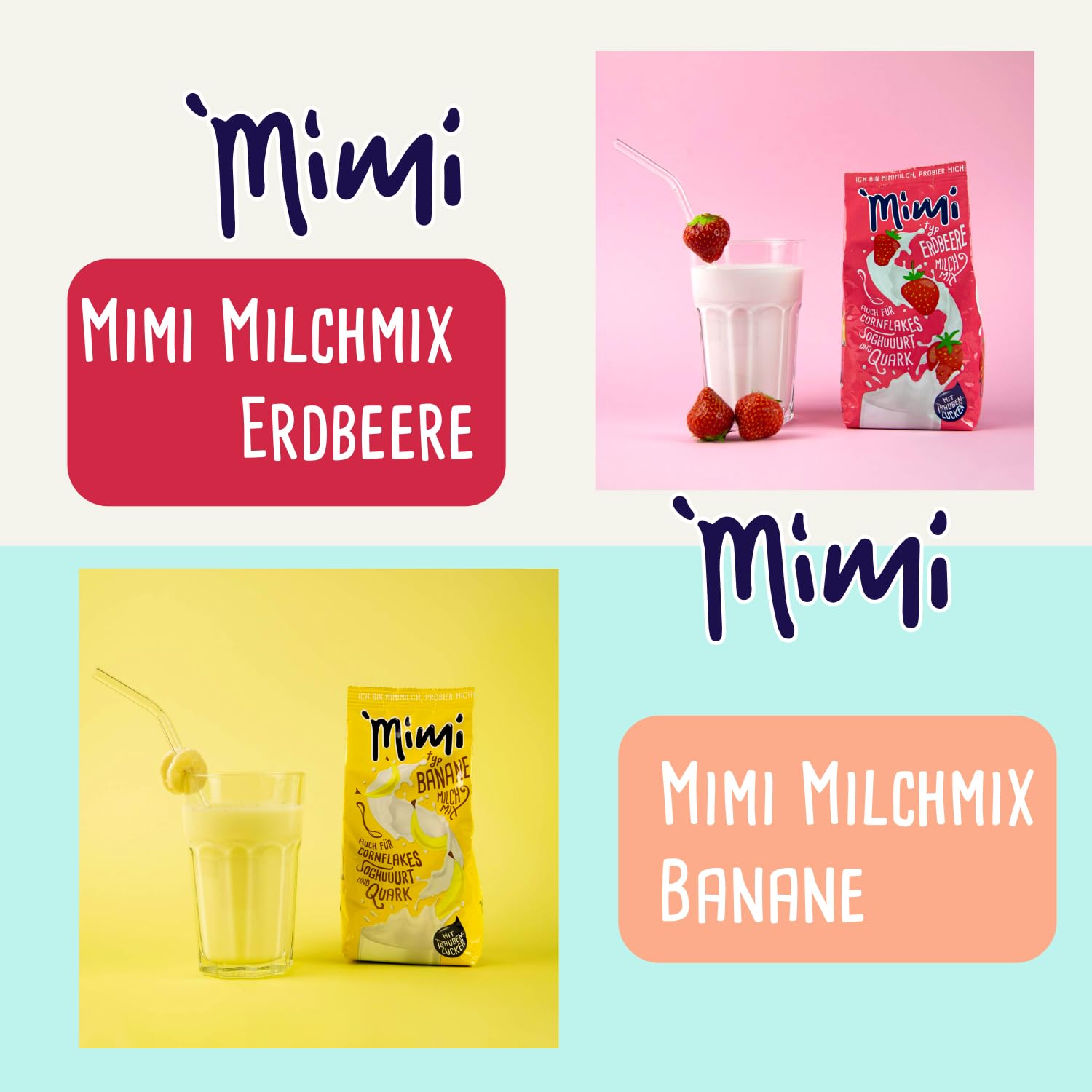 Mimi, confezione da 8 pezzi, mix di latte e bevande in polvere (2 confezioni da 400 g), banana, fragola, mango, vaniglia, confezione conveniente, ideale per il tempo libero, la scuola o per andare in