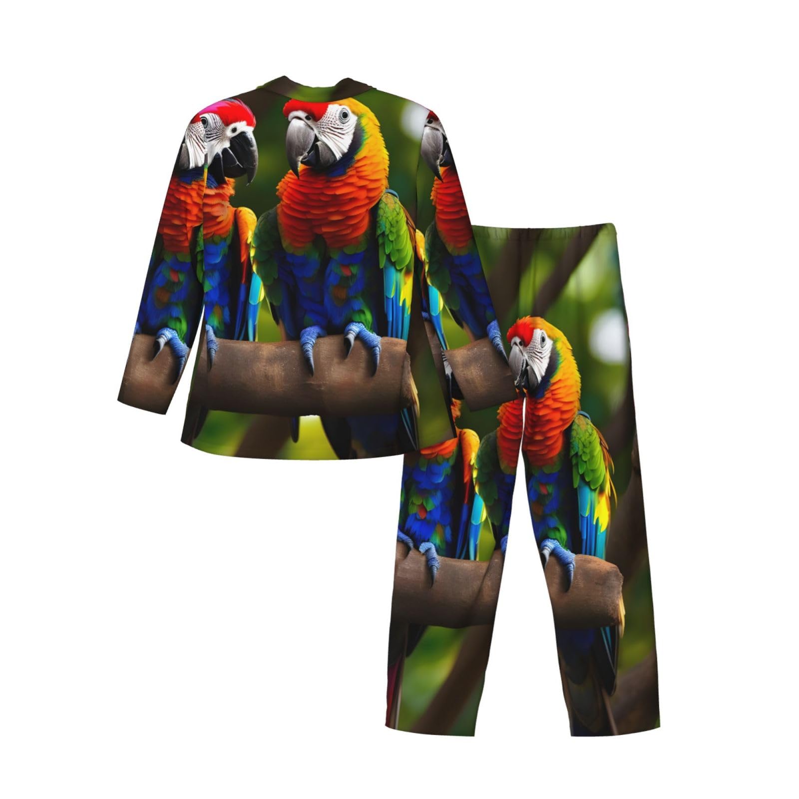 Herren-Pyjama-Set mit bunten Papageien auf Baum, langärmelig, zweiteilig, Hauskleidung, bequeme Nachtwäsche