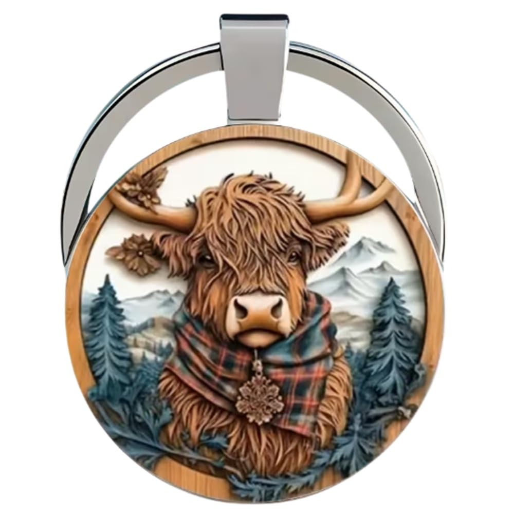 CMJ™ Highland Cow Keyring Glass Dome Cows Animal Farm Keychain