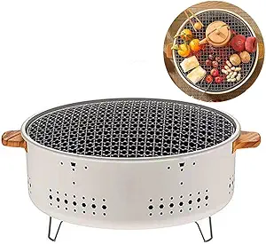 LASALE Portable Charcoal Barbecue Grill, Table Grills, Iron Round Camping Charcoal Grill Oven, Round Charcoal Grill Stove for Barbecue or Hot Pot with folding legs for Outdoor and Picnic